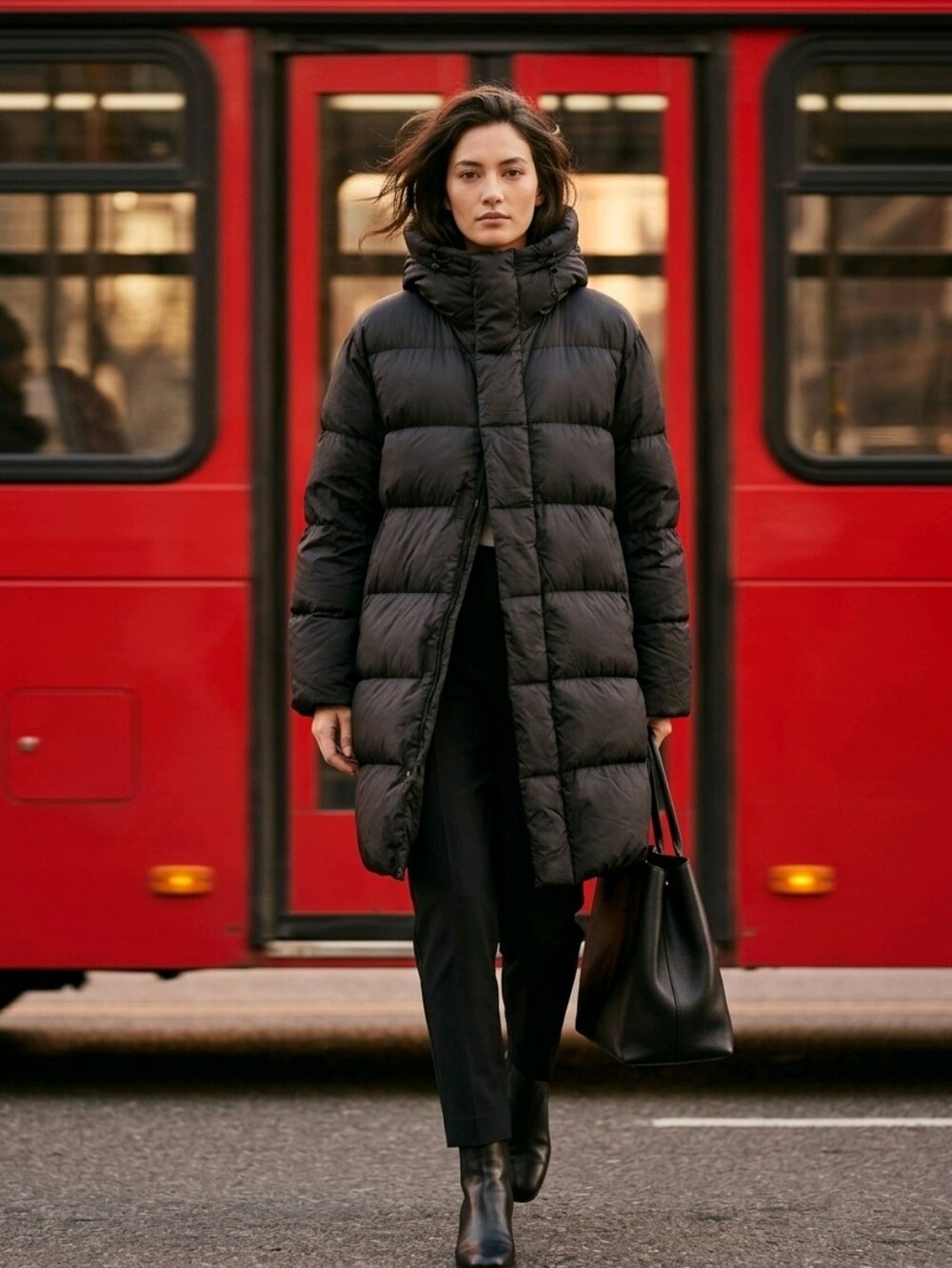 Halara Black Knee Lenth Hooded Puffer Coat. Size XL